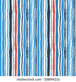 Seamless strip pattern. Vertical lines with torn paper effect. Shred edge background. Light, dark, contrast, blue, red, white colored background. Winter theme. Vector