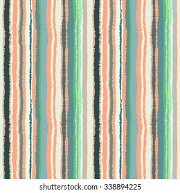 Seamless strip pattern. Vertical lines with torn paper effect. Shred edge background. Soft, cold, light, green, gray, olive, orange, white colored background. Winter theme. Vector