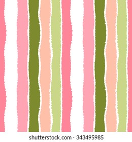 Seamless strip pattern. Vertical lines with torn paper effect. Shred edge background. Cold, soft, rose, green, olive pastel colors. Spring theme. Vector illustration