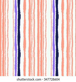 Seamless strip pattern. Vertical lines with torn paper effect. Shred edge background. Light contrast dark gray, rose, lilac pastel colors on white. Vector illustration