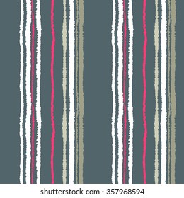 Seamless strip pattern. Vertical lines with torn paper effect. Shred edge texture. White, magenta contrast colors on gray background. Vector