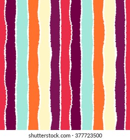 Seamless strip pattern. Vertical lines with torn paper effect. Shred edge background. Summer contrast, orange, blue, vinous tropical colors. Vector
