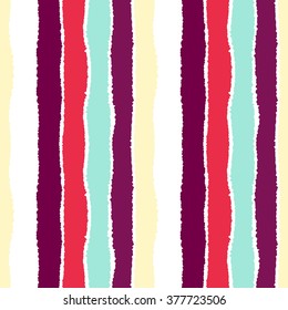 Seamless strip pattern. Vertical lines with torn paper effect. Shred edge background. Summer contrast, orange, blue, vinous tropical colors. Vector