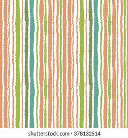 Seamless strip pattern. Vertical lines with torn paper effect. Shred edge background. Green, blue, brown orange soft colors on white background. Winter theme. Vector