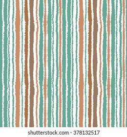 Seamless strip pattern. Vertical lines with torn paper effect. Shred edge background. Green, blue, brown soft colors on white background. Winter theme. Vector