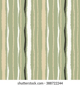 Seamless strip pattern. Vertical lines with torn paper effect. Shred edge texture. Gray, cream, white colors on olive background. Winter theme. Vector