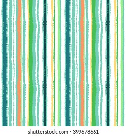 Seamless strip pattern. Vertical lines with torn paper effect. Shred edge texture. Green, olive, orange contrast colors on white background. Vector