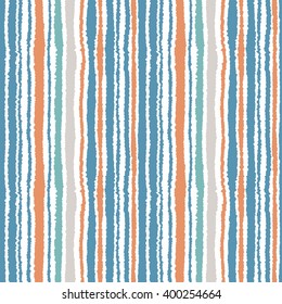 Seamless strip pattern. Vertical lines with torn paper effect. Shred edge texture. Blue, gray, orange colors on white background. Vector