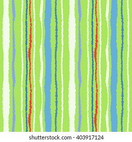 Seamless strip pattern. Vertical lines with torn paper effect. Shred edge texture. Green, white, red colored background. Spring theme. Vector