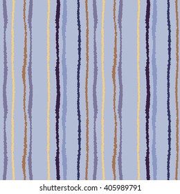 Seamless strip pattern. Vertical lines with torn paper effect. Shred edge texture. Blue, gray, cream, violet contrast colored background. Vector