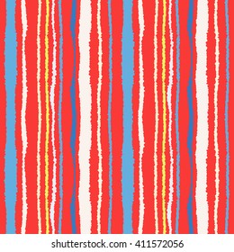 Seamless strip pattern. Vertical lines with torn paper effect. Shred edge texture. White, blue, yellow, red colored background. Spring theme. Vector