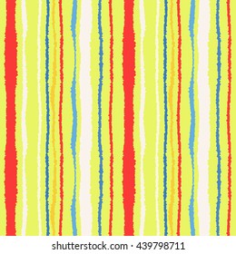 Seamless strip pattern. Vertical lines with torn paper effect. Shred edge texture. Blue, yellow, white, red colored background. Spring theme. Vector