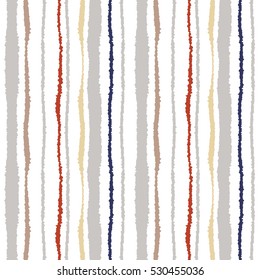 Seamless strip pattern. Vertical lines with torn paper effect. Shred edge texture. Gray, orange on white colored background. Vector