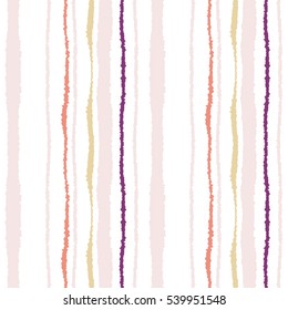 Seamless strip pattern. Vertical lines with torn paper effect. Shred edge texture. Gray, orange, purple on white colored background. Vector