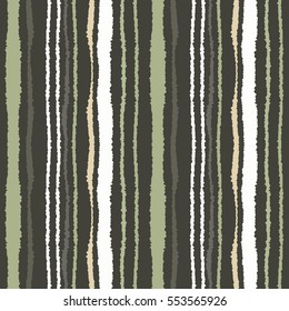 Seamless strip pattern. Vertical lines with torn paper effect. Shred edge texture. Gray, green, olive white dark colored background. Vector