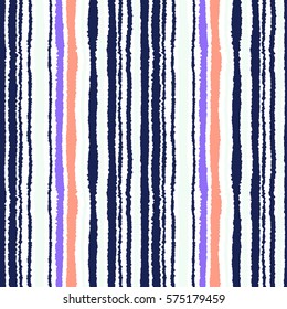 Seamless strip pattern. Vertical lines with torn paper effect. Shred edge background. Black, violet, orange on white colors. Vector illustration