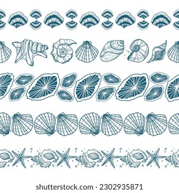 Seamless strip with underwater inhabitants. Hand drawn illustrations of engraved lines. Vector shells, pearls, crabs, crayfish, sea stones