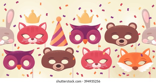 Seamless stripe with animal masks, paper streamers and confetti. Retro vector illustration. Costume party design element