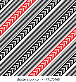 Seamless Stripe and Arrow Pattern. Vector Black and Red Texture. Abstract Geometric Background