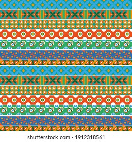 Seamless stripe pattern with abstract pattern of simple shapes.