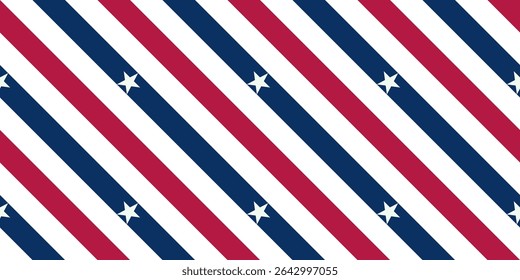 Seamless stripe pattern in bold red and blue inspired by American Independence Day. Horizontal, vertical, and diagonal lines in patriotic colors. Great for party decor, textile design