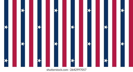 Seamless stripe pattern in bold red and blue inspired by American Independence Day. Horizontal, vertical, and diagonal lines in patriotic colors. Great for party decor, textile design