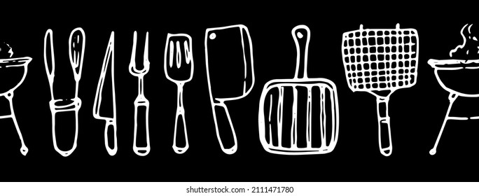 Seamless Stripe Pattern Of Grilling Tools. Seamless Horizontal Stripe Pattern Of Knives And Forks, Grill Pans And Gretel And Barbecue Grill For A Summer Picnic, In The Style Of A Doodle With An 