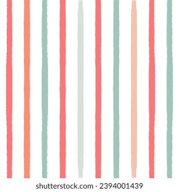 Patrón de franja sin soldadura. Fondo de rayas vectoriales dibujadas a mano, trazos rojos, rosados, naranjas y verdes de pincel ondulante, fondo de linea de pincel lindo de primavera