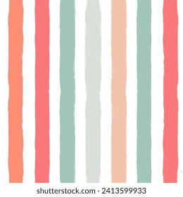 Seamless stripe pattern. Hand drawn vector stripes background, red, pink, orange and green girly brush strokes, cute spring paintbrush line backdrop