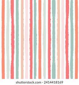 Patrón de franja sin soldadura. Fondo de rayas vectoriales dibujadas a mano, trazos rojos, rosados, naranjas y verdes de pincel ondulante, fondo de linea de pincel lindo de primavera