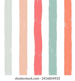 Patrón de franja sin soldadura. Fondo de rayas vectoriales dibujadas a mano, trazos rojos, rosados, naranjas y verdes de pincel ondulante, fondo de linea de pincel lindo de primavera