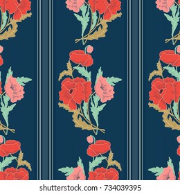 Seamless stripe pattern with poppies. Hand drawn. Vector illustration. Flower ornament can be used for ceramic tile, wallpaper, textile, invitation, greeting card, web page background