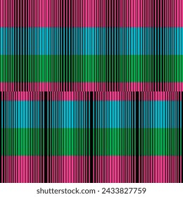 Seamless stripe pattern. Repeating hand drawn vector print with pink, blue and green stripes with a black optical stripe overlay. Apparel textile pattern.
