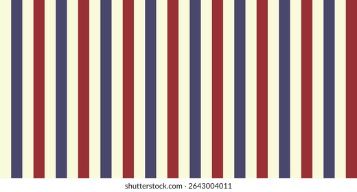 Padrão de listras sem costura em vintage vermelho e tons de azul empoeirado com uma sensação nostálgica de 4 de julho. Listras horizontais, verticais e diagonais ideais para artesanato de férias rústicas, embalagem e retro americano