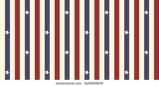 Padrão de listras sem costura em vintage vermelho e tons de azul empoeirado com uma sensação nostálgica de 4 de julho. Listras horizontais, verticais e diagonais ideais para artesanato de férias rústicas, embalagem e retro americano