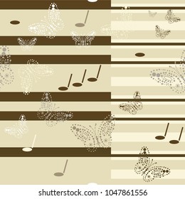 Seamless stripe pattern. Vintage pattern with stripes, butterflies, notes. vector