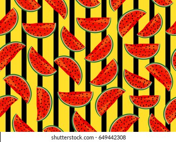 Seamless stripe pattern with watermelons. Summer background for clothes and interior. Vector illustration