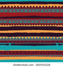 Seamless stripe vintage pattern. Grungy texture. Ethnic and tribal motifs. Blue, orange, red and purple colours. Vector illustration.