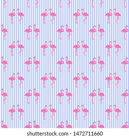 Seamless stripe wallpaper with flamingos. Hand drawn cartoon birds. Print for polygraphy, shirts and textiles. Colored texture. Pattern for your design