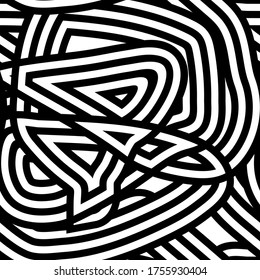 Patrón abstracto de rayas impecables. Líneas entrelazadas en blanco y negro. Rayas desordenadas. Nudo monocromo, rollo de arañazos. Imagen de memphis geométricos. Ilustración vectorial para papel de pared, papel de envoltura, ropa, huellas