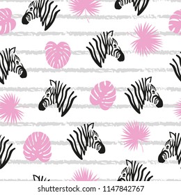 Seamless striped abstract pattern with zebra heads and tropical leaves.