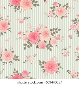 Seamless striped background with bouquets of roses. Vintage floral pattern for wallpaper, fabric, digital paper, etc. Shabby chic style.