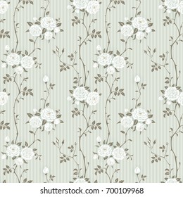 Seamless striped background with branches of roses. Floral pattern for wallpaper, fabric, digital paper, fills, etc. Shabby chic style.