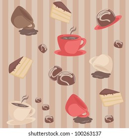 Seamless striped background with cups and cakes
