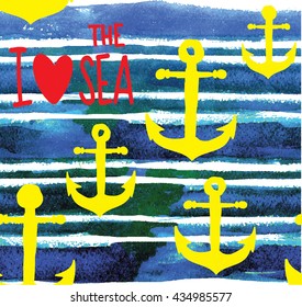 Seamless striped background in marine style . Anchor , I love the sea . Vector freehand drawing .