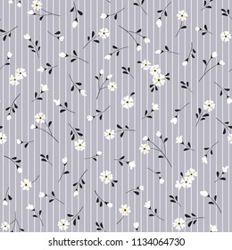 Seamless striped background with small flowers and leaves. Vector floral pattern for fills, wallpaper, fabric, digital paper, etc.