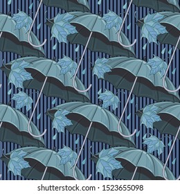 Seamless striped background with umbrellas and autumn leaves. Suitable for greeting cards, harvest festival, thanksgiving, birthday, wedding, sale, discount, fabrics