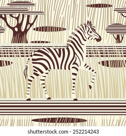 Seamless striped background. Zebra in african savannah. Vector illustration.