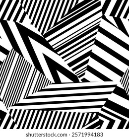 Seamless striped black and white pattern in patchwork style. Abstract geometric background made up of striped pieces. Collection of creative high contrast prints for fabric, packing, cover. Vector.