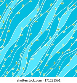 Seamless striped blue abstract pattern with green leaves. vector illustration 